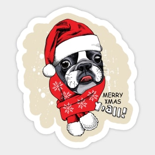 French Bulldog in Santa's cap and red scarf Sticker